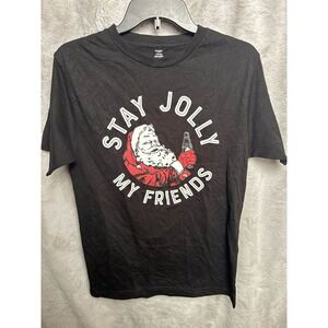 Holiday Time Men's Black Christmas T-Shirt Santa "Stay Jolly My Friends"‎ Size S